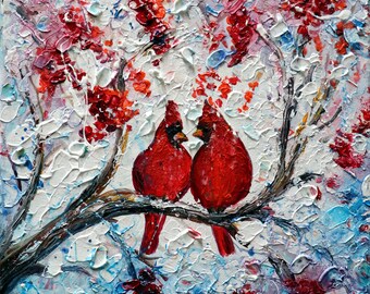 CARDINAL Birds Crab Apple Tree Winter Original Painting on Canvas White, Blue, Red Colors, Minnesota Winter The MESSENGERS