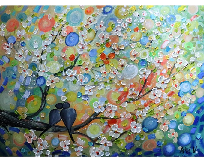 The KISS HAPPY MOMENTS Original Wall Art Landscape Birds Whimsical Painting on Large Canvas by Luiza Vizoli