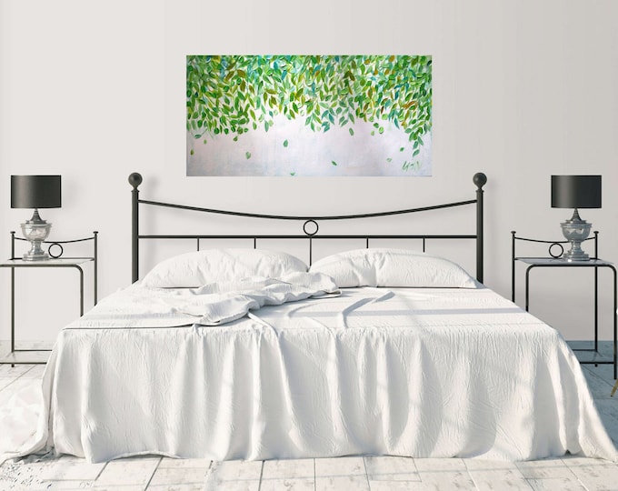Spring Leaves Oil Painting: Textured Green Impasto on Canvas (40x20)