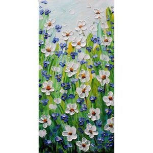 Forget me not flowers painting, wildflower meadow original floral art, impasto daisy and forget-me-nots, vertical canvas ready to hang
