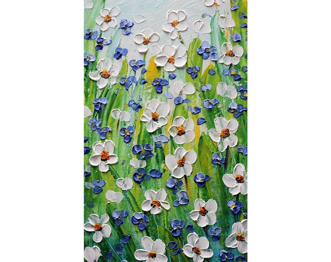 Forget me not flowers painting, wildflower meadow original floral art, impasto daisy and forget-me-nots, vertical canvas ready to hang