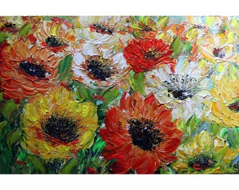 Impasto Floral Oil Painting: Large Pastel Flowers, Fall Colors (36x24)