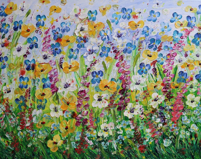 Original Texas Wildflower Painting 40x30, Textured Floral Canvas Wall Art