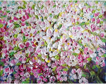 Blossom Serenade Pink Cherry Flowers Spring Trees Original Oil Painting Textured Impasto Modern Artwork