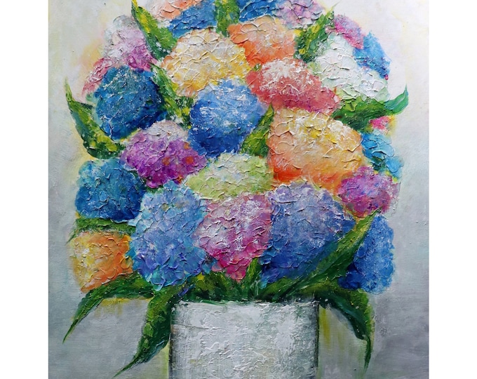 Hydrangeas Oil Painting: Colorful Boho Flowers Bouquet, Modern Wall Decor