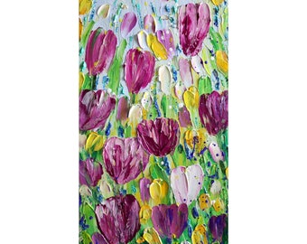 Tulips Impasto Oil Painting: Spring Flowers Vertical Canvas Art (12x24)