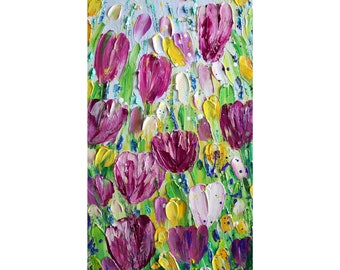 Spring Flowers TULIPS Blooming Original Impasto Oil Painting Vertical Canvas pink, purple, yellow, blue, white It Is SPRING AGAIN