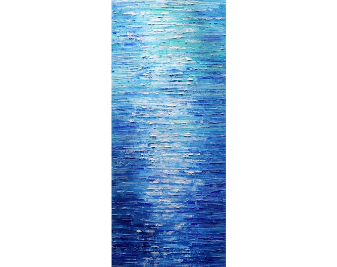 Original Vertical Ocean Seascape Painting by Luiza Vizoli - Blue Sky Reflections, Palette Knife Art, 18x50 Inches, Signed
