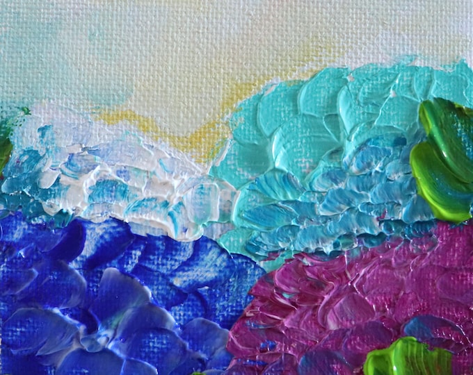 Original Oil Painting, Blue Pink Hydrangea Flowers, 4x4 Canvas Panel Signed
