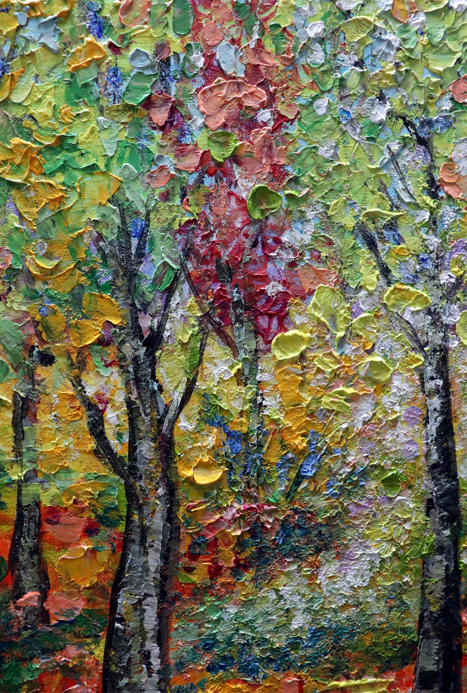 Colorful Blooming Flowers Summer Birch Trees Park Original Oil - Etsy