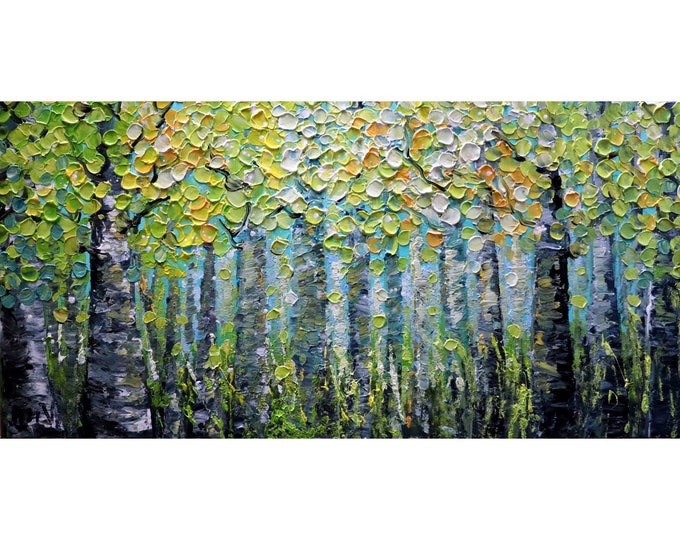 SPRING ARRIVAL Original oil Painting of Birch Trees in the Springtime, Thick Heavy Impasto , Textured Canvas