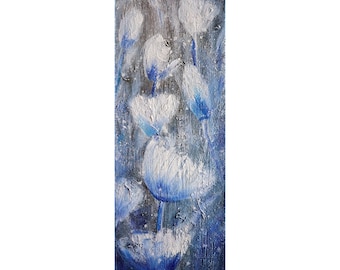 White Tulips Flowers Blossom Blue Gray Tan Vertical Narrow Original Painting by Luiza Vizoli