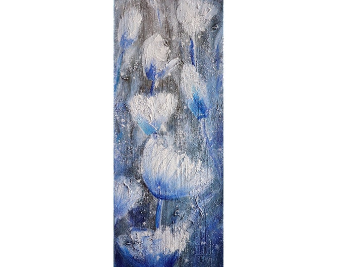 White Tulips Flowers Blossom Blue Gray Tan Vertical Narrow Original Painting by Luiza Vizoli