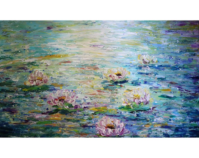 Lily Pond  36 Height by 60 Width  XXL Canvas Water Flowers Monet Inspired Abstract Painting by Luiza Vizoli,wide horizontal orientation