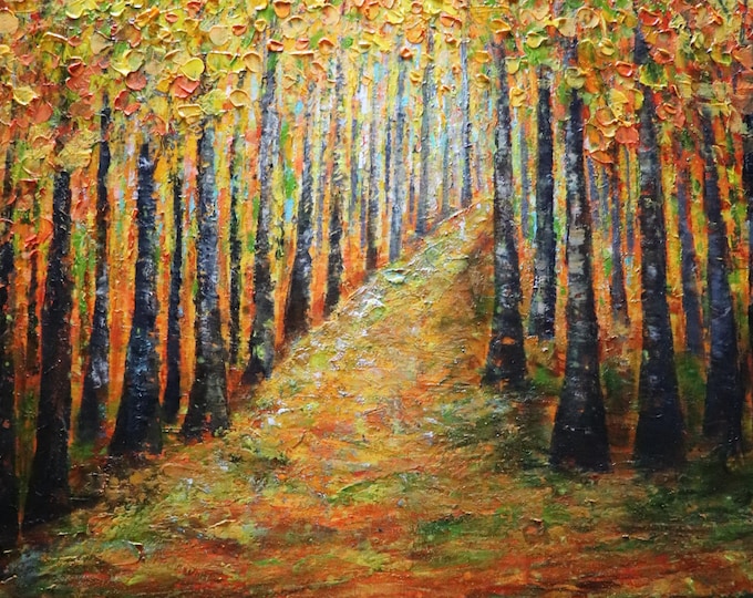 Fall Forest Original Oil Painting – Large Textured Canvas by Luiza Vizoli