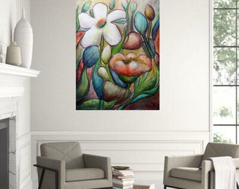 Colorful Wildflower Painting, Textured Floral Wall Art, Modern Bohemian Decor, Original Impasto Canvas