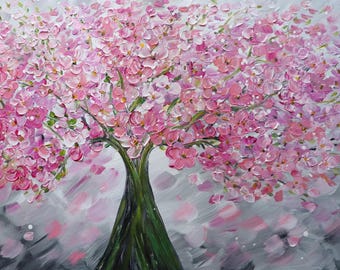 Original Painting Bringing a Touch of Spring Renewal - Pink Cherry Blossom Tree