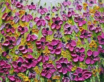 Purple Magenta Violet Wildflowers Field Original Oil Painting, Floral Landscape