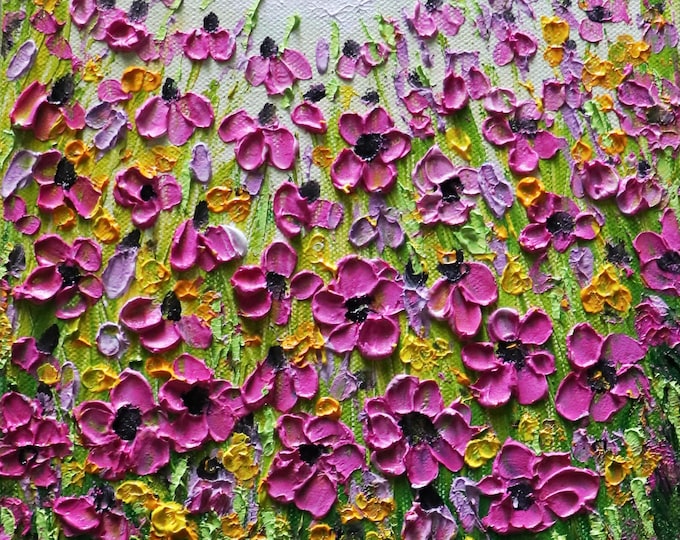 Purple Magenta Violet Wildflowers Field Original Oil Painting, Floral Landscape