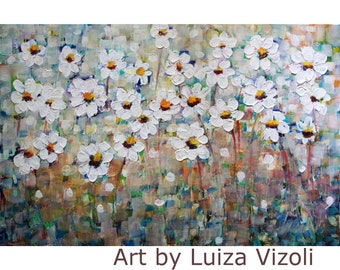 Daisy Abstract Flowers Painting Impasto Oil Painting Large Canvas White Blue Yellow Green Aqua