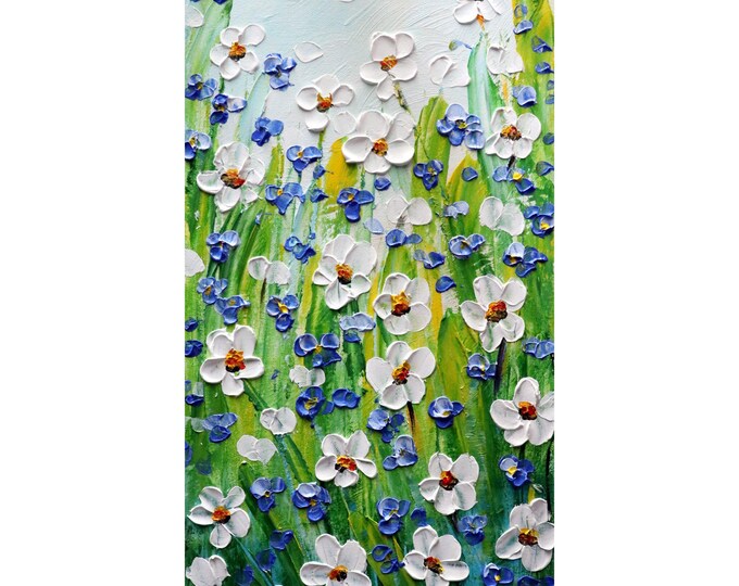 Daisy Forget Me Not Flowers Original Painting Wildflowers Oil Narrow Artwork
