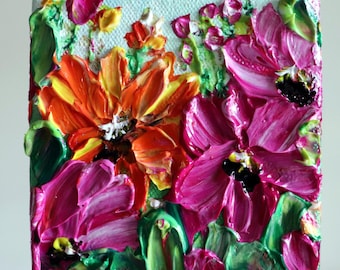 Mini Painting Fall Flowers Oil Impasto on Canvas, Colorful 4x4 Original OOAK