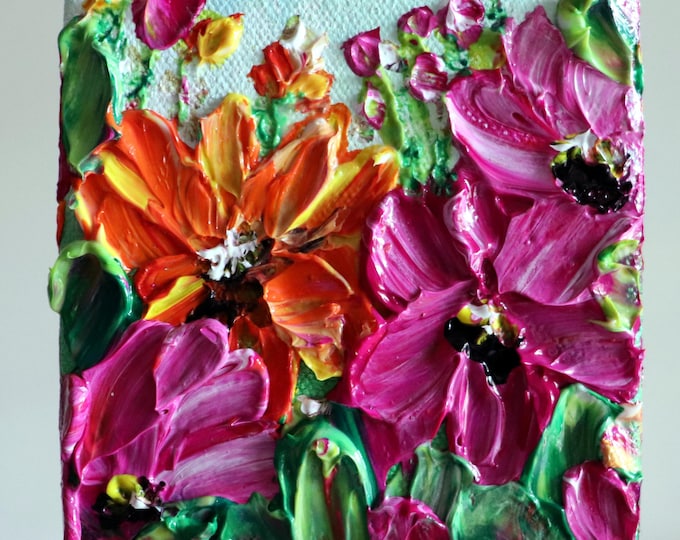 Mini Painting Fall Flowers Oil Impasto on Canvas, Colorful 4x4 Original OOAK