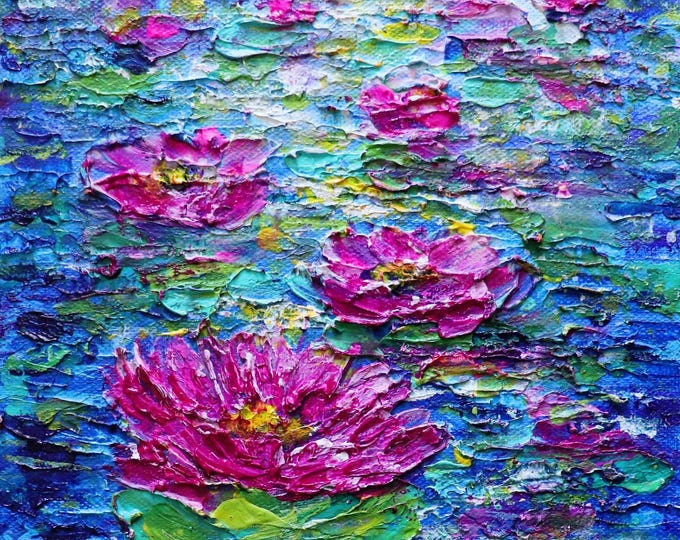 Pink Water Lilies Impressionist Art - Original Oil Painting