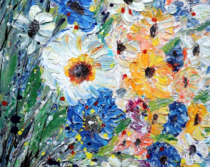 Touch of Blue Meadow – Original Floral Oil Painting on Canvas | Wildflowers, Daisies, Forget Me Nots | Textured Impasto Wall Art 30x20