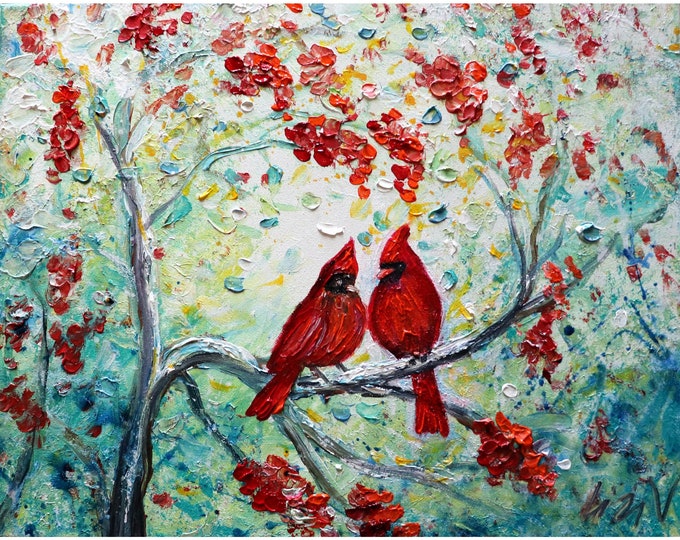 Winter CARDINALS Red Berries Painting Oil Impasto Textured Original Art White Red Blue Landscape canvas Christmas gift idea