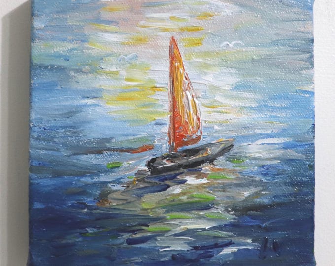 Orange Sailboat Painting, 6x6 Original Coastal Seascape