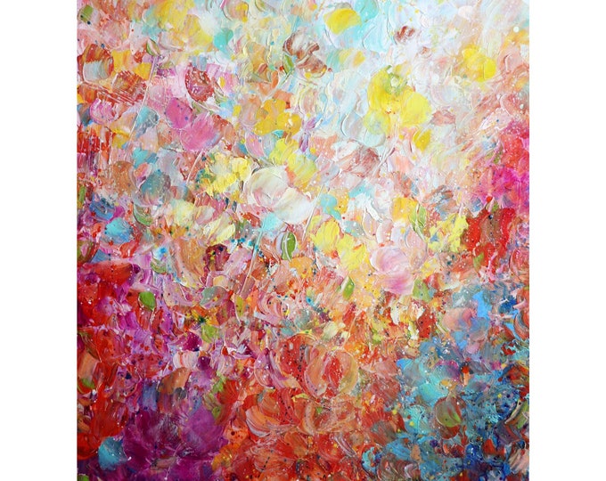 Harmony of Summer Blooms Cascading Roses in Sunlit Shades of Orange, Yellow, White, Cream, Red - Original Oil Painting