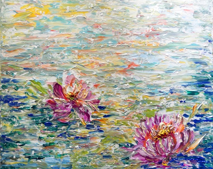 Japanese LOTUS Flowers WATER Lilies Painting Impasto Original Painting on Canvas