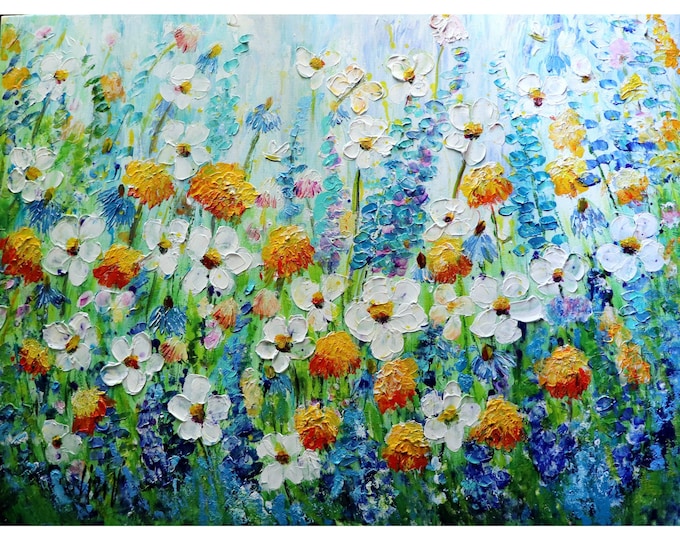 Summer and Flowers, Daisy Wildflowers and Butterflies, Impasto Oil Original Painting Art by Luiza Vizoli