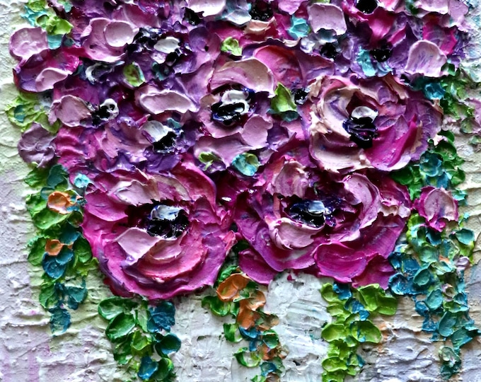 Flowers Bouquet Pink Purple White Buttercup Ranunculus Original Painting, Modern Colorful Flower Wall Art Decor, Textured Canvas