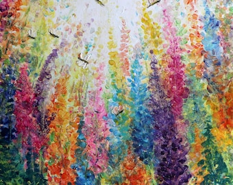 Wildflower Field Oil Painting: Bees, Butterflies, Colorful Landscape by Luiza Vizoli