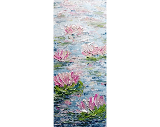 Water Lily Tall vertical wall art ORIGINAL PAINTING canvas abstract, Long Narrow wall decor for staircase, bathroom, kitchen, entryway