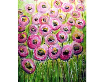 Original flowers painting, pink wildflowers bohemian folk art, colorful floral oil acrylic canvas wall decor, whimsical floral artwork