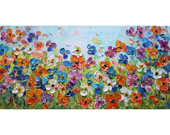 SPRING UP NORTH Flowers and Happy Bees Original Painting Impasto One of a Kind Vivid Colorful Artwork by Luiza Vizoli
