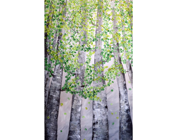 Aspen Trees Springtime Original Painting on Canvas, FRESH LEAVES , Vertical Artwork, Spring Trees Landscape