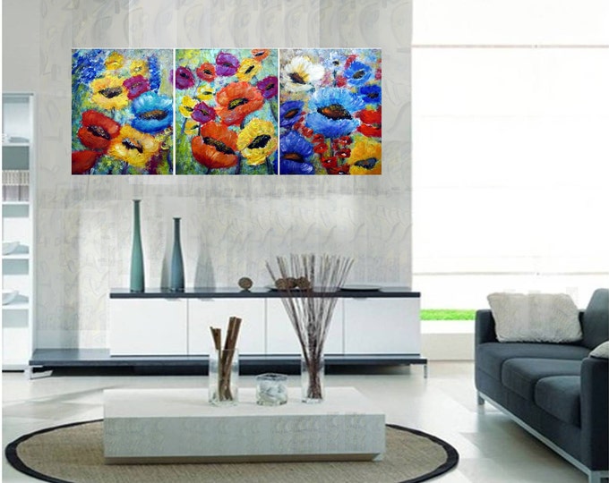 COLORFUL POPPIES Original Oil Painting Impasto Art on Canvas Poppy Flowers Summer Floral by Luiza Vizoli 72x36, 60x24, other dimensions