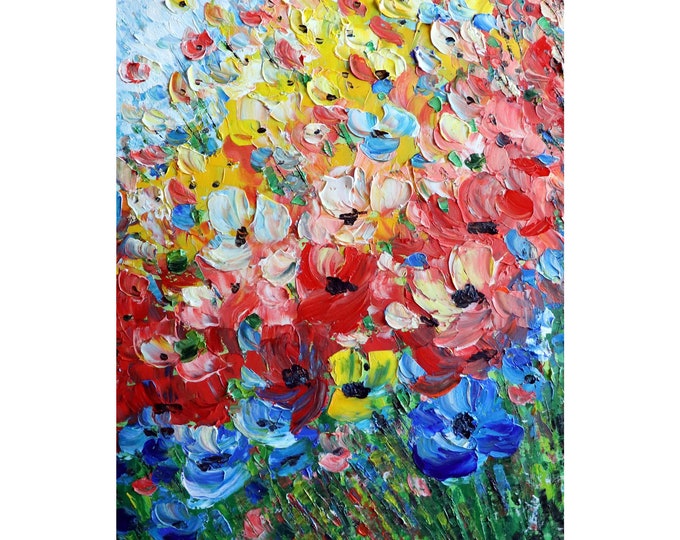 Wildflowers Summer Flowers Field Colorful Impasto Oil painting Large Canvas Vertical Artwork