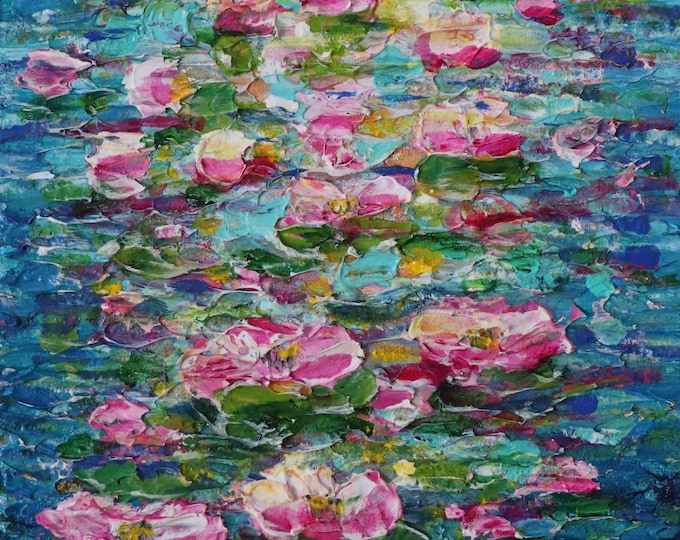 Original Water Lily Painting, Pink Flowers, Blue Pond Art, 8x10