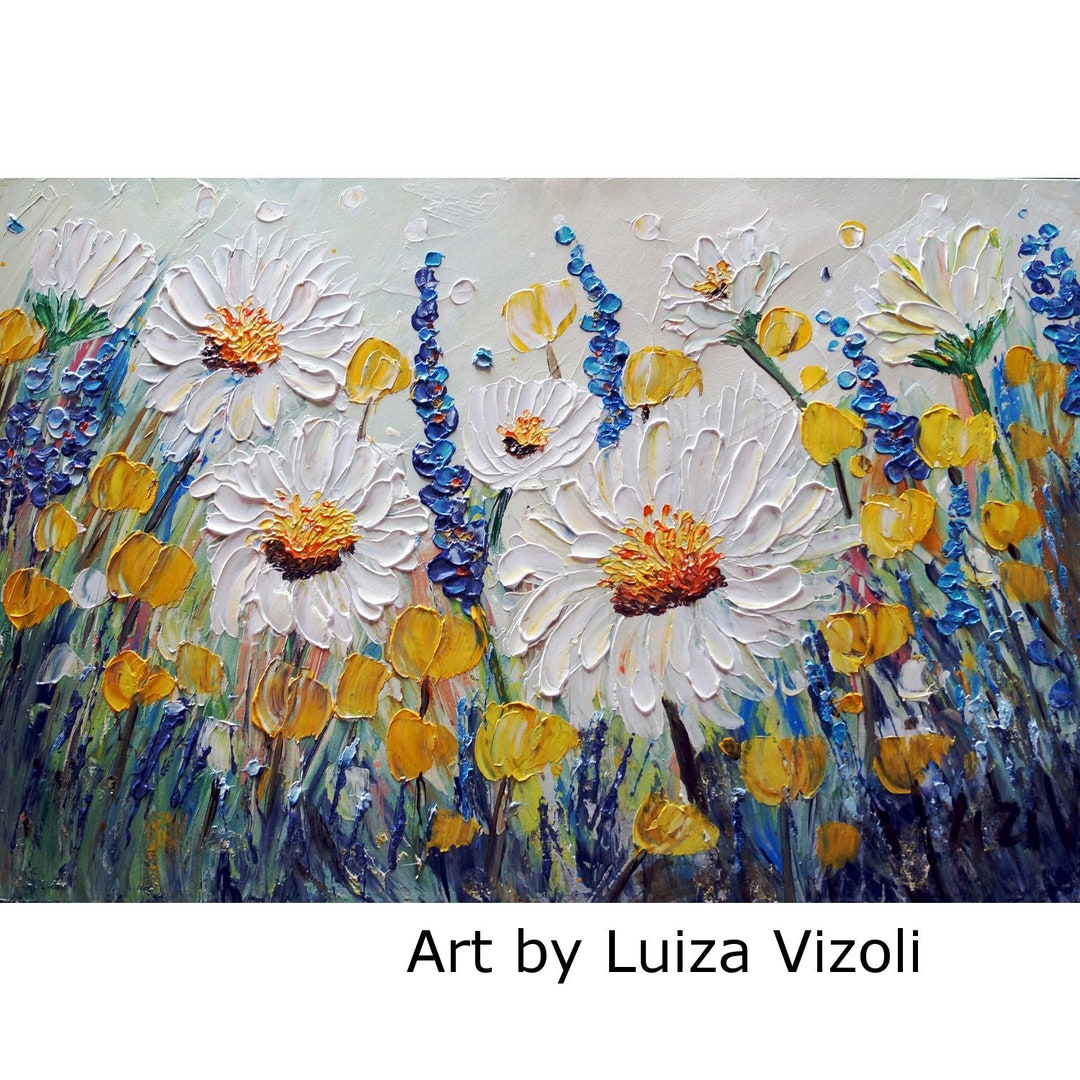 COUNTRY ZINNIAS CORNFLOWERS Original Oil Painting Square Canvas Flowers  Landscape Art by Luiza Vizoli