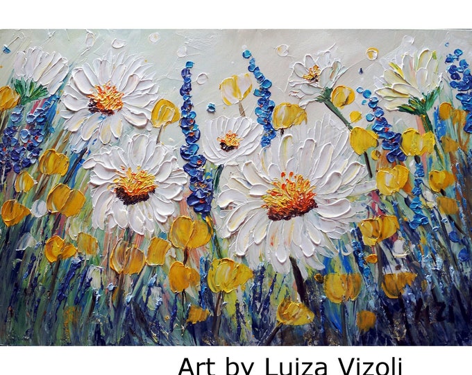 Lavender Chamomile Yellow Poppies Wild Flowers Oil Impasto ORIGINAL PAINTING Art by Luiza Vizoli