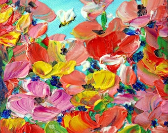 Bees Flower Painting – Tangerine Orange Pink Wildflowers Oil Painting – Impressionist Floral Wall Art Original