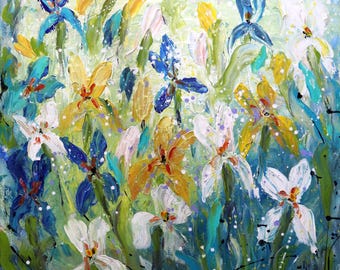 Large textured wall art flowers painting | Iris blossoms in vibrant colors | Modern floral impasto drip technique | 36x36 inch canvas