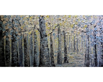 warm tones of cream, soft blues and grays birch trees forest In Perfect Harmony original painting by Luiza Vizoli