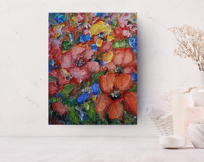 Original Floral Painting 10x8 Textured Impasto | Coral Bloom Garden