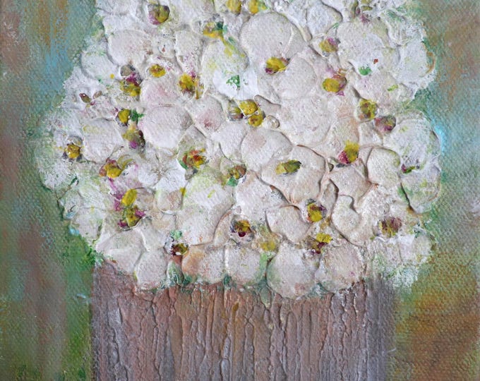 White Flower Painting, Flowers in a Pot, Original Textured Floral Art, 6x6